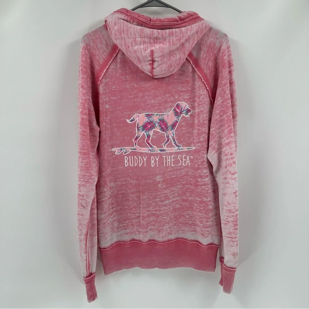Buddy by the Sea Hoodie Sz M Pink Dog Surfboard Graphic V-Neck Thumbholes Beach